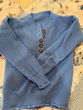 Amazon Blue Crewneck Button-Front Knit Sweater